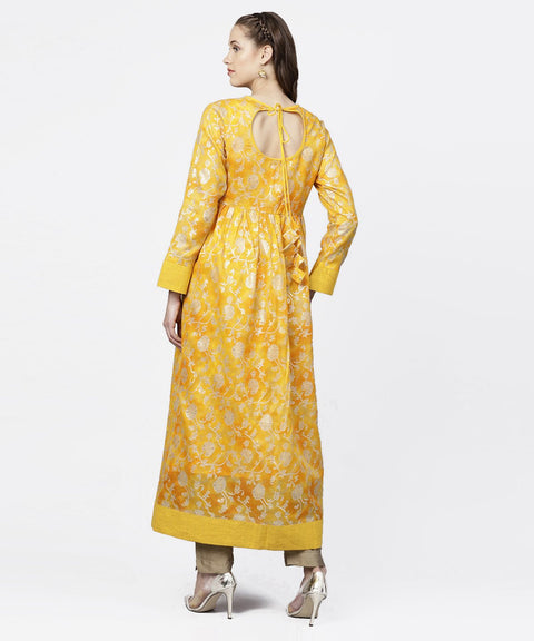 Yellow banglori printed round neck 3/4th sleeve A-line maxi dress