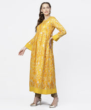 Yellow banglori printed round neck 3/4th sleeve A-line maxi dress