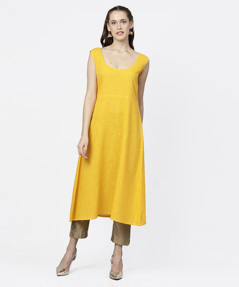 Yellow banglori printed round neck 3/4th sleeve A-line maxi dress