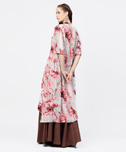 Grey printed key hole 3/4th sleeve front slit assymetrical kurta with solid brown skirt