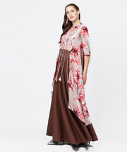 Grey printed key hole 3/4th sleeve front slit assymetrical kurta with solid brown skirt