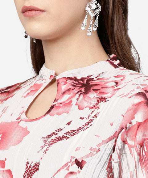 Grey printed key hole 3/4th sleeve front slit assymetrical kurta with solid brown skirt