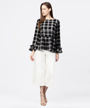 Black check peplum style tops with flared sleeve