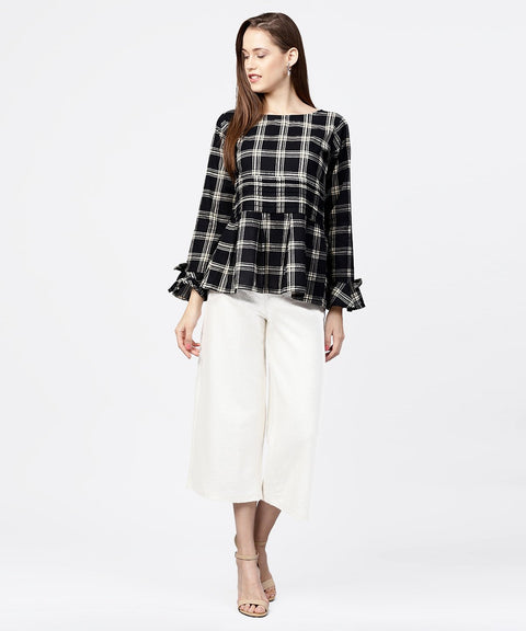 Black check peplum style tops with flared sleeve