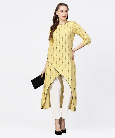Yellow printed 3/4th sleeve assymetric a-line kurta