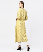 Yellow printed 3/4th sleeve assymetric a-line kurta