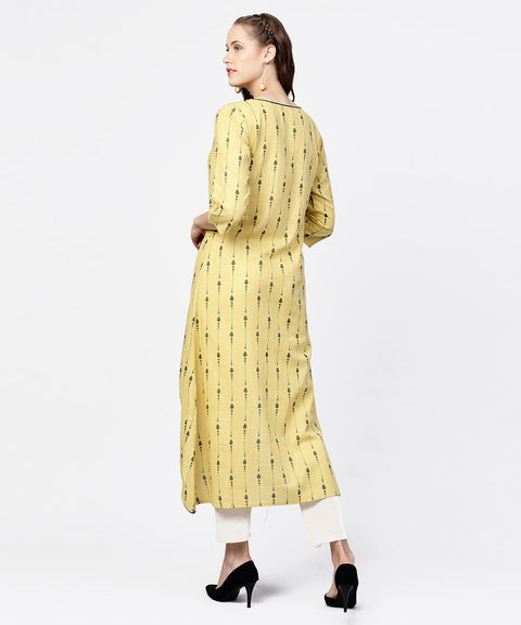 Yellow printed 3/4th sleeve assymetric a-line kurta