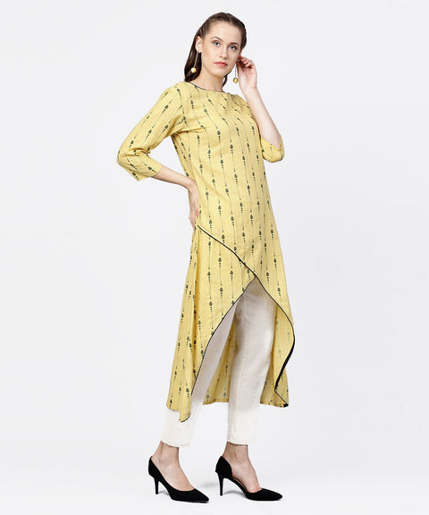 Yellow printed 3/4th sleeve assymetric a-line kurta