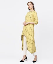 Yellow printed 3/4th sleeve assymetric a-line kurta