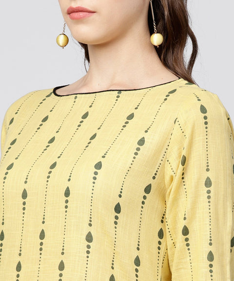 Yellow printed 3/4th sleeve assymetric a-line kurta