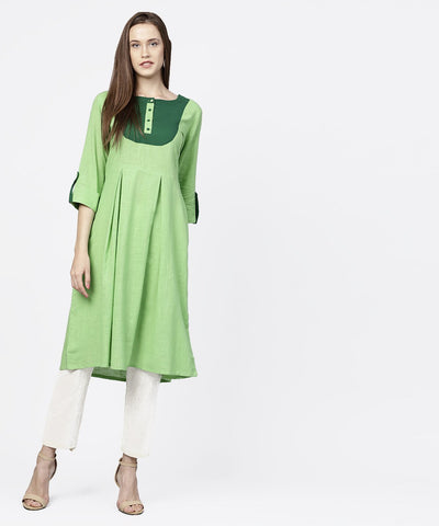 Solid green 3/4th sleeve flap style sleeve A-line kurta