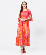 Red printed 3/4th flared sleeve round neck anarkali kurta