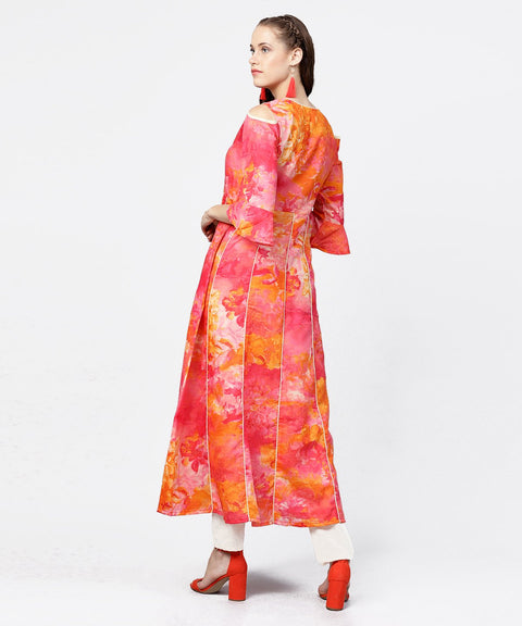 Red printed 3/4th flared sleeve round neck anarkali kurta