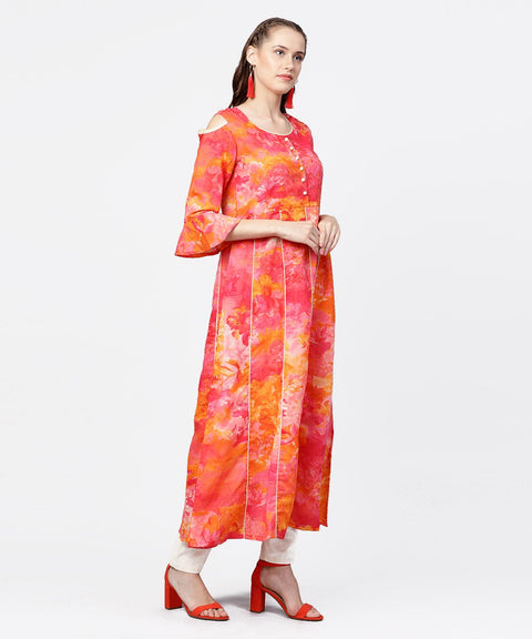 Red printed 3/4th flared sleeve round neck anarkali kurta