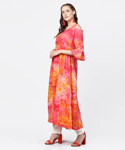 Red printed 3/4th flared sleeve round neck anarkali kurta