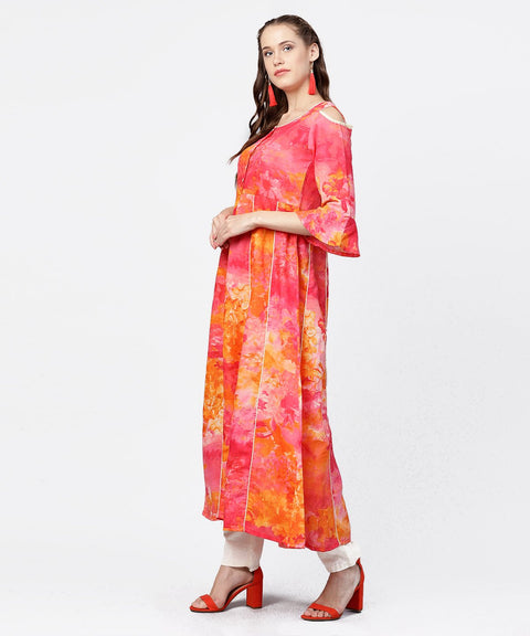 Red printed 3/4th flared sleeve round neck anarkali kurta