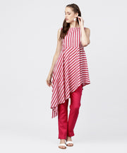 Maroon printed sleeveless assymetrical kurta with solid dye pant set