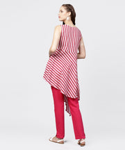 Maroon printed sleeveless assymetrical kurta with solid dye pant set