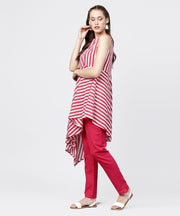Maroon printed sleeveless assymetrical kurta with solid dye pant set