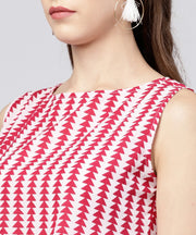 Maroon printed sleeveless assymetrical kurta with solid dye pant set