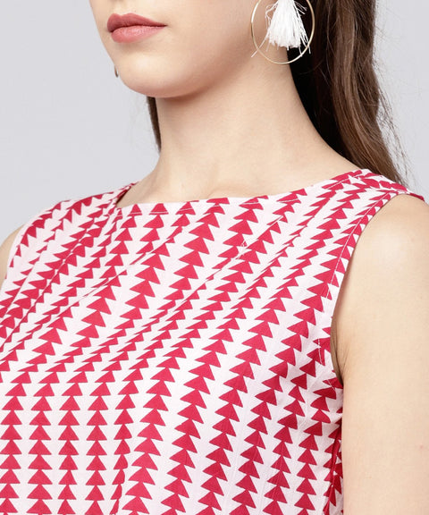 Maroon printed sleeveless assymetrical kurta with solid dye pant set