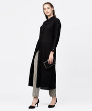 Black front open full sleeve kurta with grey printed palazzo
