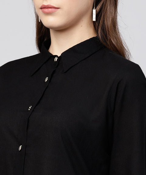 Black front open full sleeve kurta with grey printed palazzo