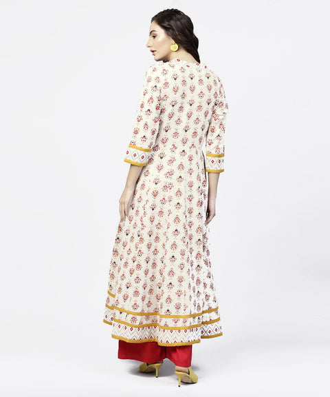 White prined 3/4th sleeve angrakha style Anarkali kurta