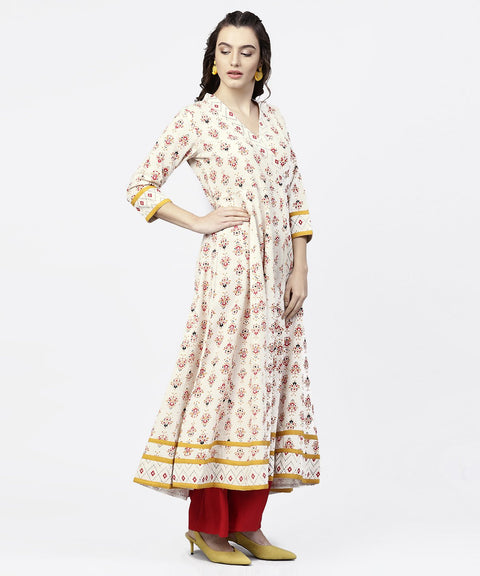 White prined 3/4th sleeve angrakha style Anarkali kurta