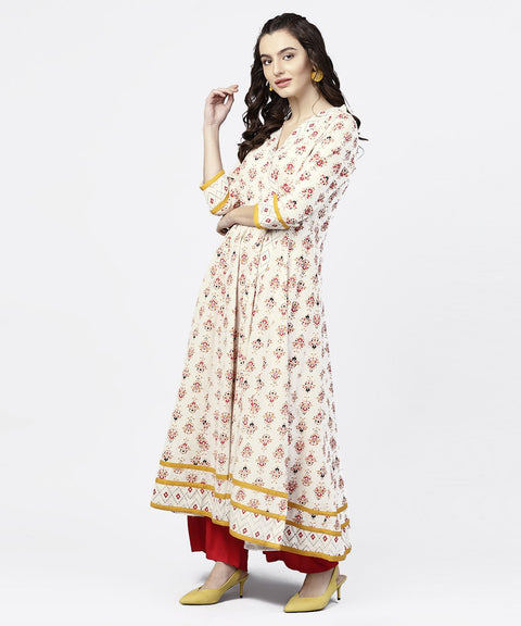 White prined 3/4th sleeve angrakha style Anarkali kurta