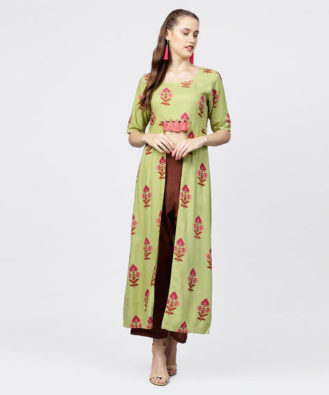 Green printed half sleeve front slit kurta with solid brown straight pant