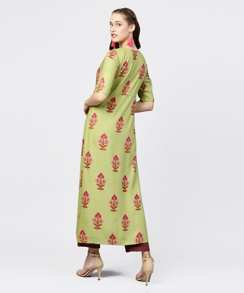 Green printed half sleeve front slit kurta with solid brown straight pant