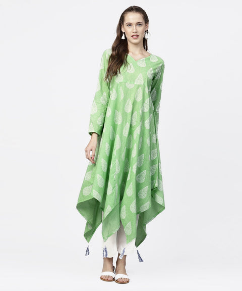 Green printed 3/4th Sleeve assymetrical kurta with white palazzo
