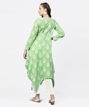 Green printed 3/4th Sleeve assymetrical kurta with white palazzo