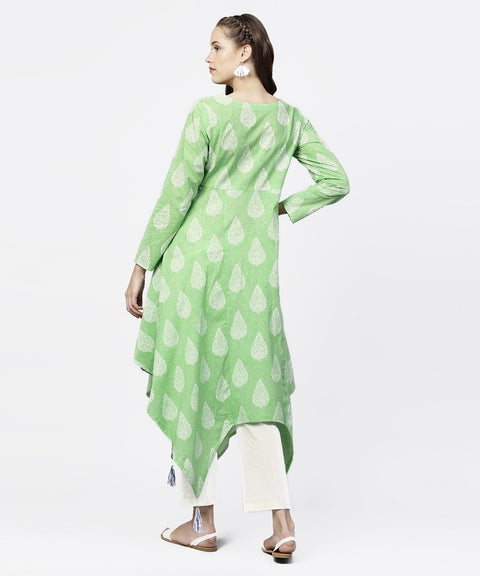 Green printed 3/4th Sleeve assymetrical kurta with white palazzo