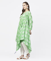Green printed 3/4th Sleeve assymetrical kurta with white palazzo