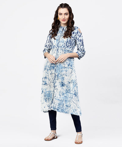 Blue printed 3/4th cold shoulder sleeve A-line kurta
