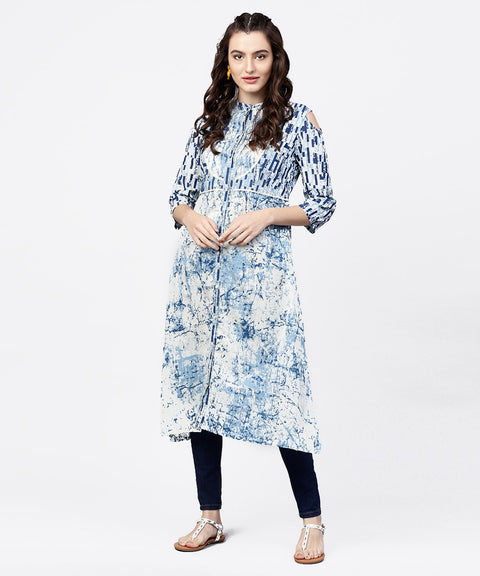 Blue printed 3/4th cold shoulder sleeve A-line kurta