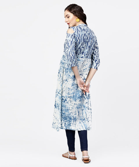 Blue printed 3/4th cold shoulder sleeve A-line kurta