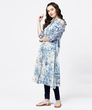 Blue printed 3/4th cold shoulder sleeve A-line kurta