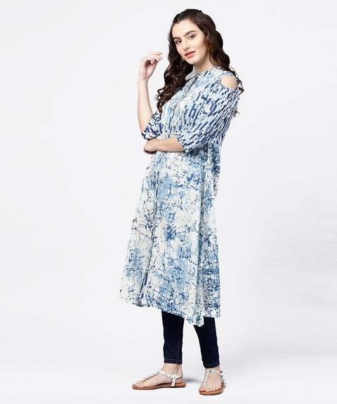 Blue printed 3/4th cold shoulder sleeve A-line kurta