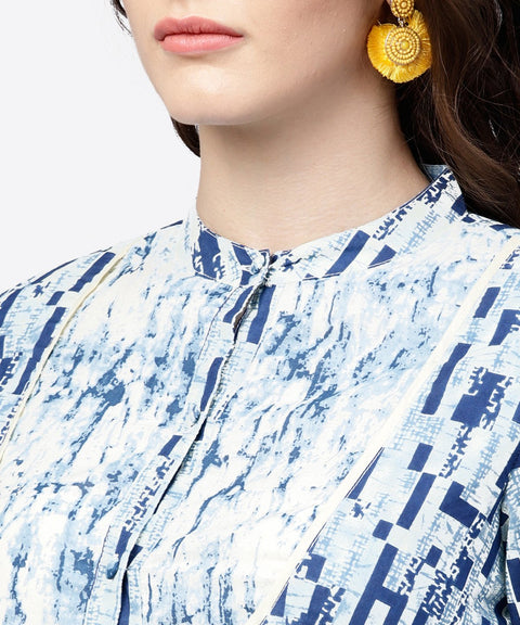 Blue printed 3/4th cold shoulder sleeve A-line kurta