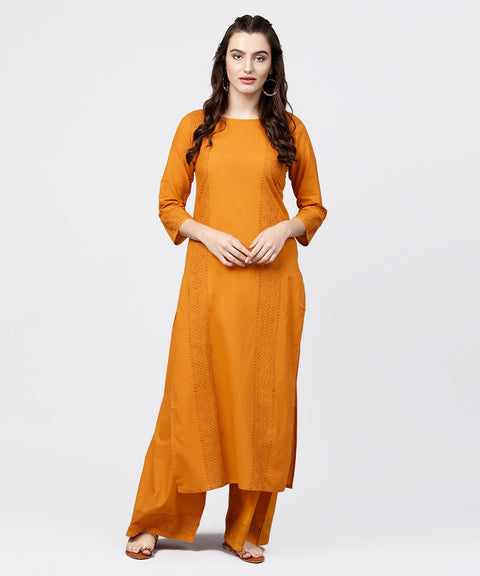 Yellow 3/4th sleeve block printed kurta with solid palazzo