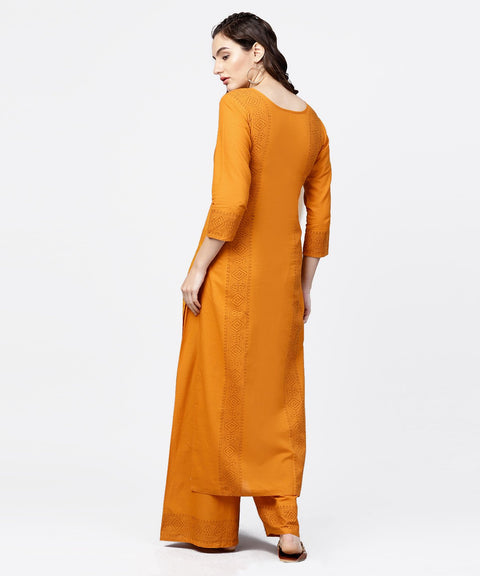 Yellow 3/4th sleeve block printed kurta with solid palazzo