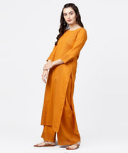 Yellow 3/4th sleeve block printed kurta with solid palazzo