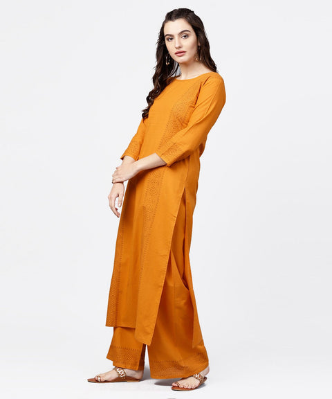 Yellow 3/4th sleeve block printed kurta with solid palazzo