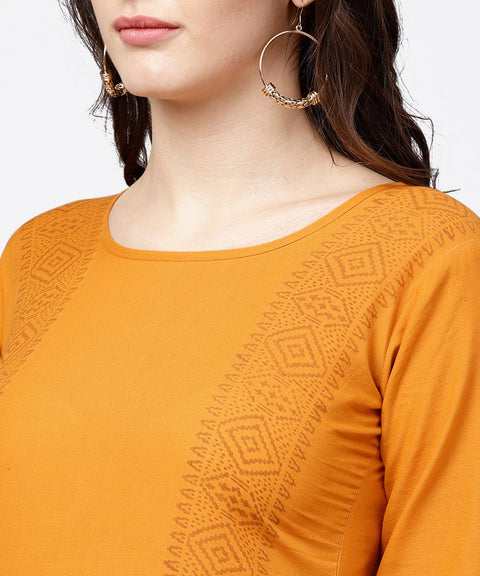 Yellow 3/4th sleeve block printed kurta with solid palazzo