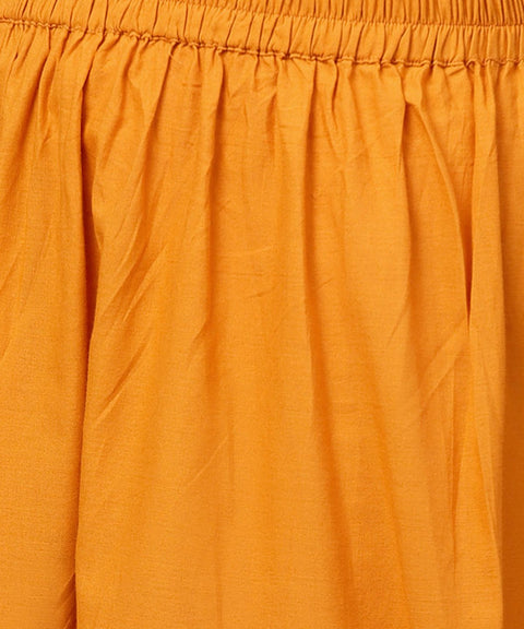 Yellow 3/4th sleeve block printed kurta with solid palazzo