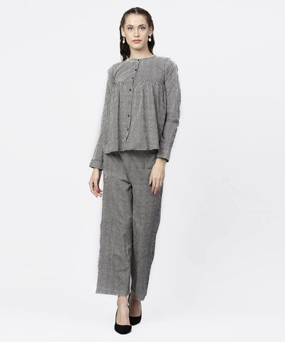 Black striped full sleeve A-line top with regular fit palazzo set