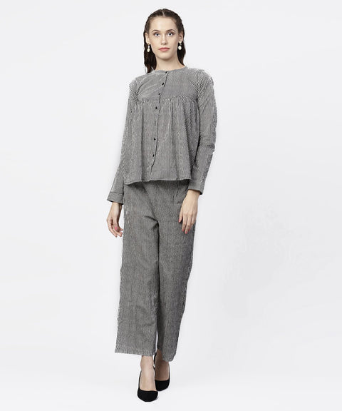Black striped full sleeve A-line top with regular fit palazzo set